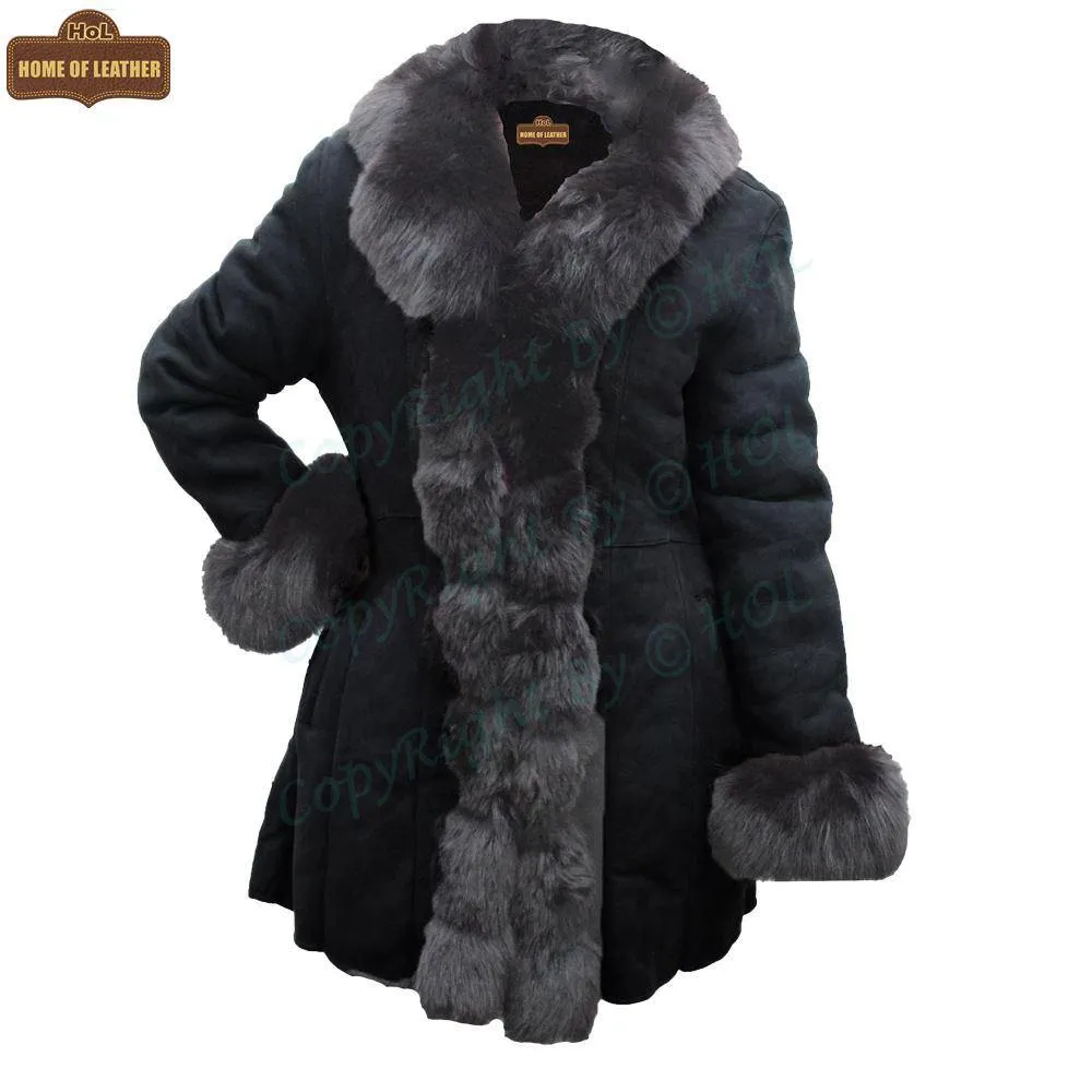 F001 HoL Brand Women's Real Black Suede Leather Coat