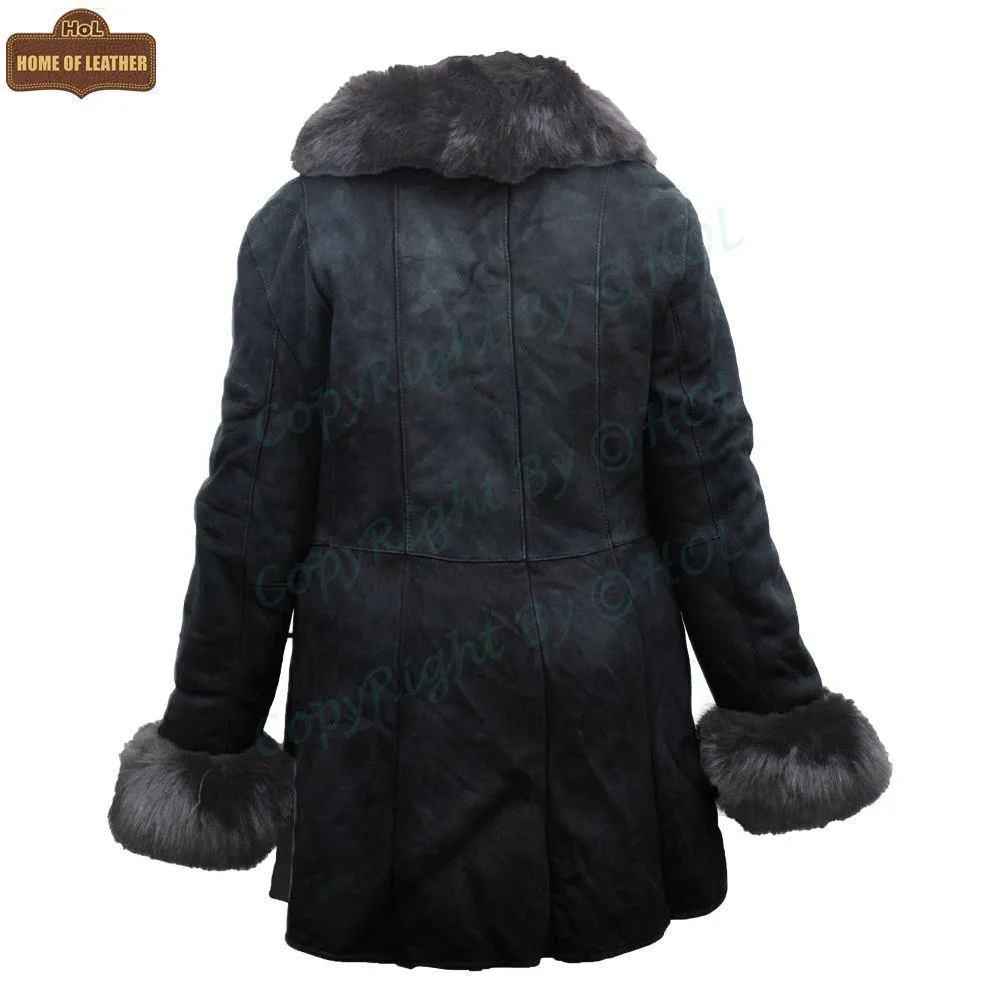 F001 HoL Brand Women's Real Black Suede Leather Coat