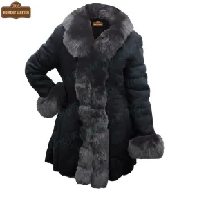 F001 HoL Brand Women's Real Black Suede Leather Coat