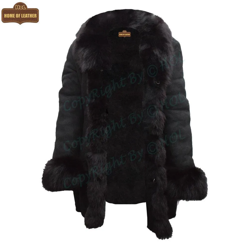 F001 HoL Brand Women's Real Black Suede Leather Coat