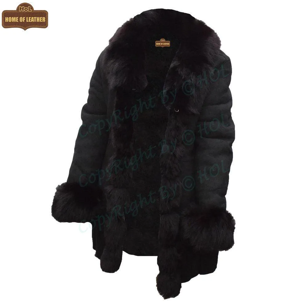 F001 HoL Brand Women's Real Black Suede Leather Coat
