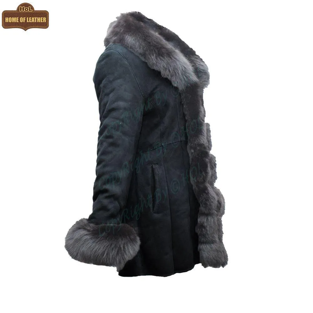 F001 HoL Brand Women's Real Black Suede Leather Coat