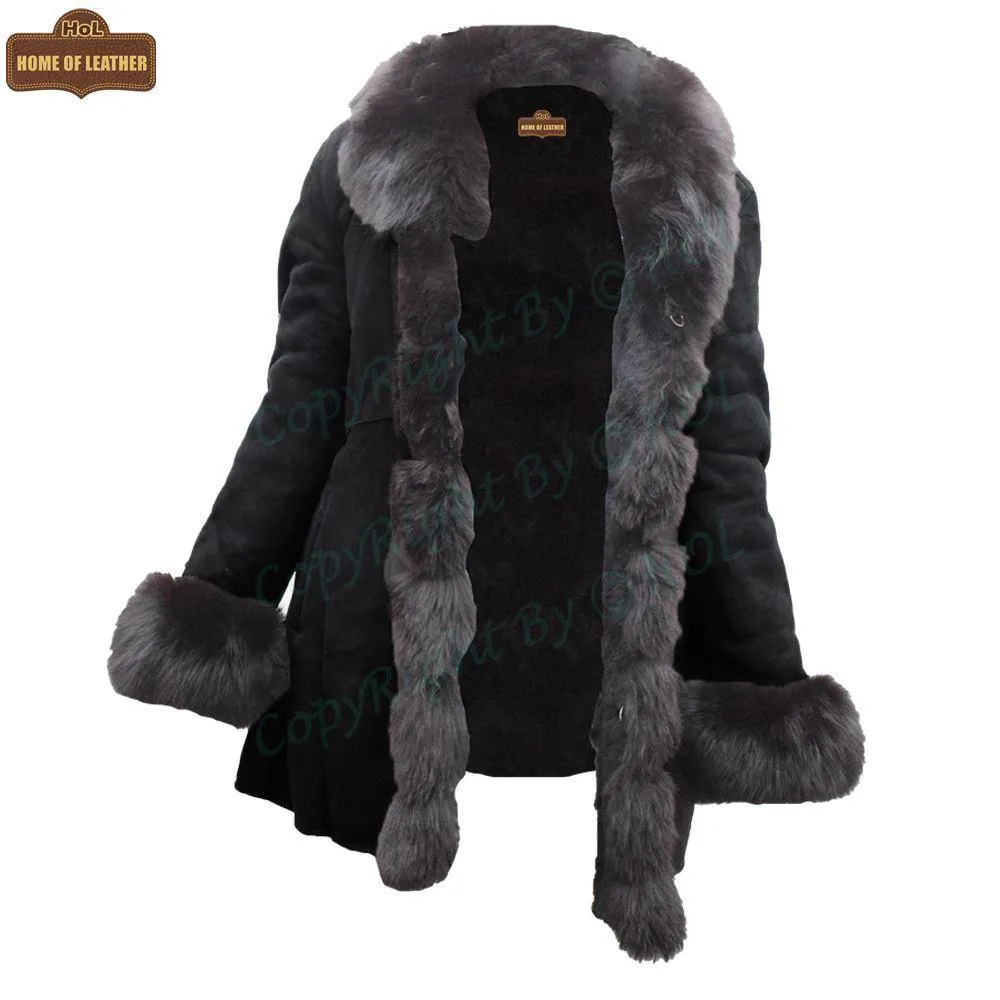 F001 HoL Brand Women's Real Black Suede Leather Coat