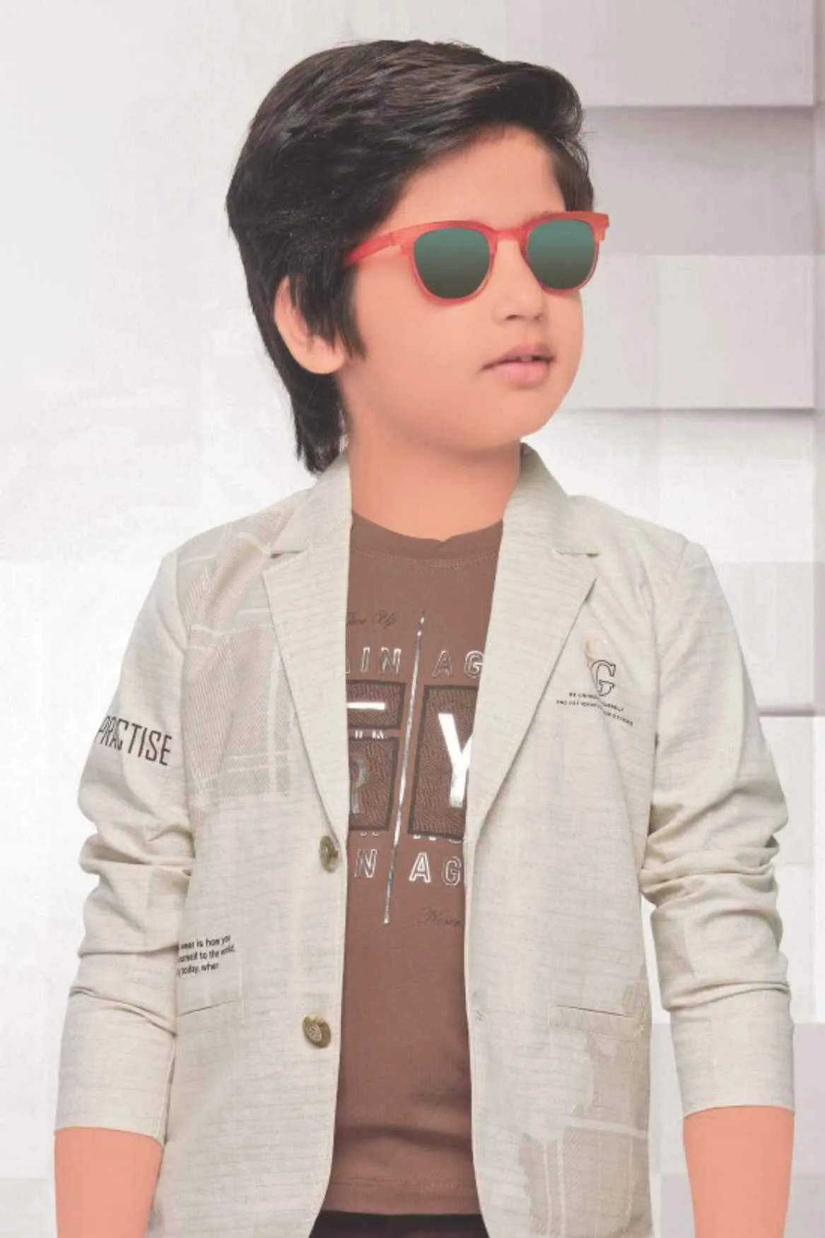 Fawn Overcoat With Brown T-shirt And Pant Set For Boys