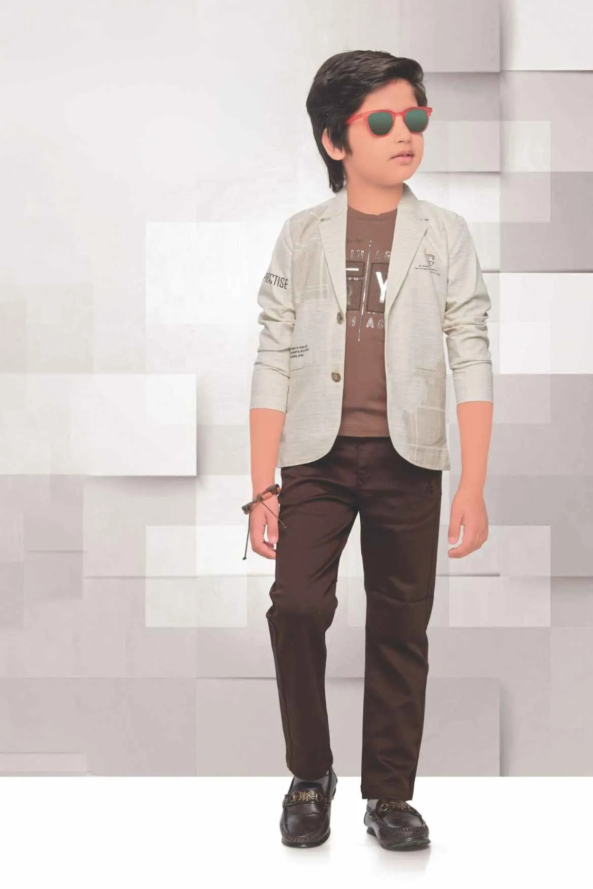 Fawn Overcoat With Brown T-shirt And Pant Set For Boys
