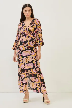 Floral Print Black Balloon Sleeve Front Slit Maxi Dress