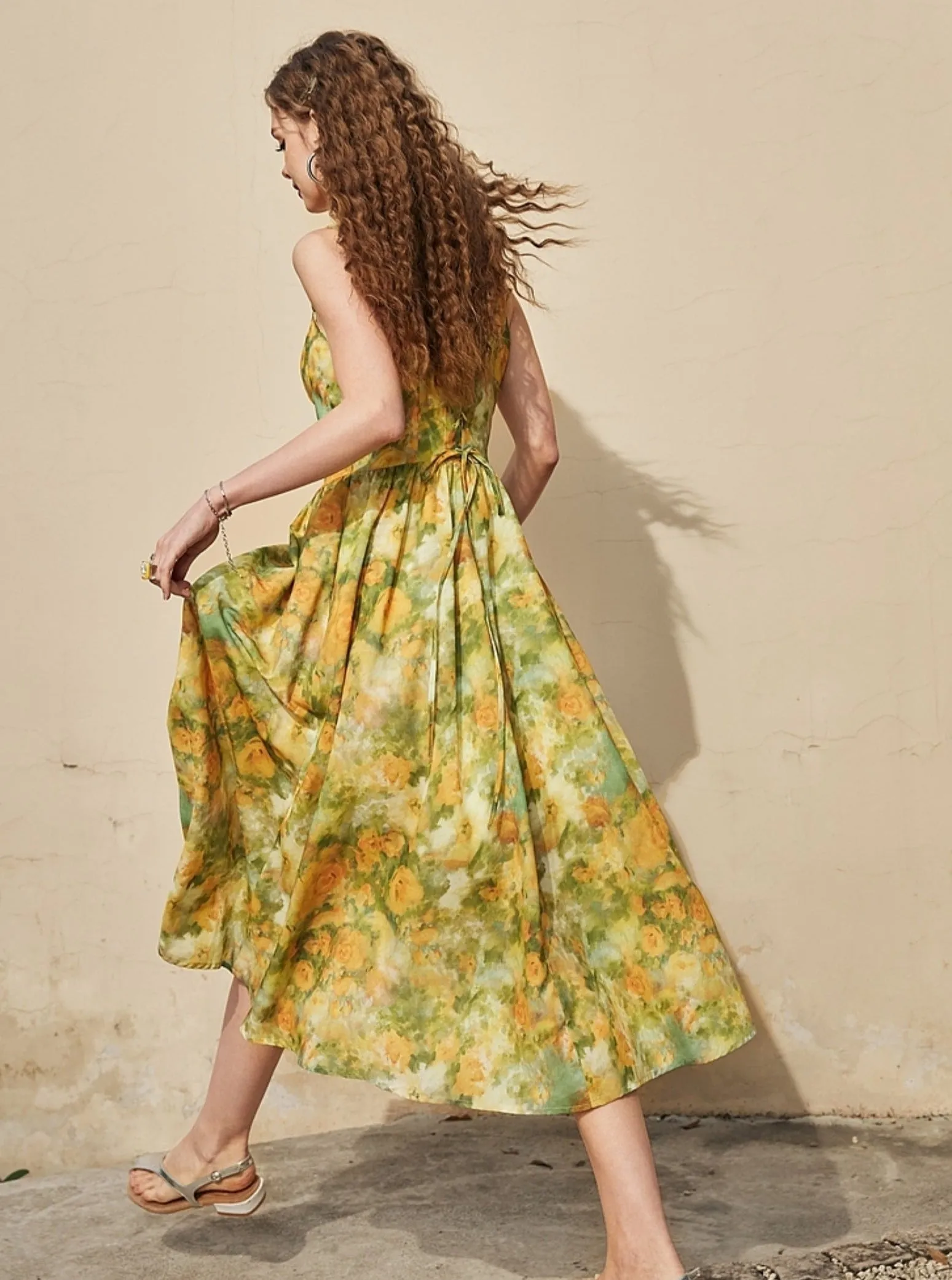 French Vintage Oil Painting Print Slip Dress