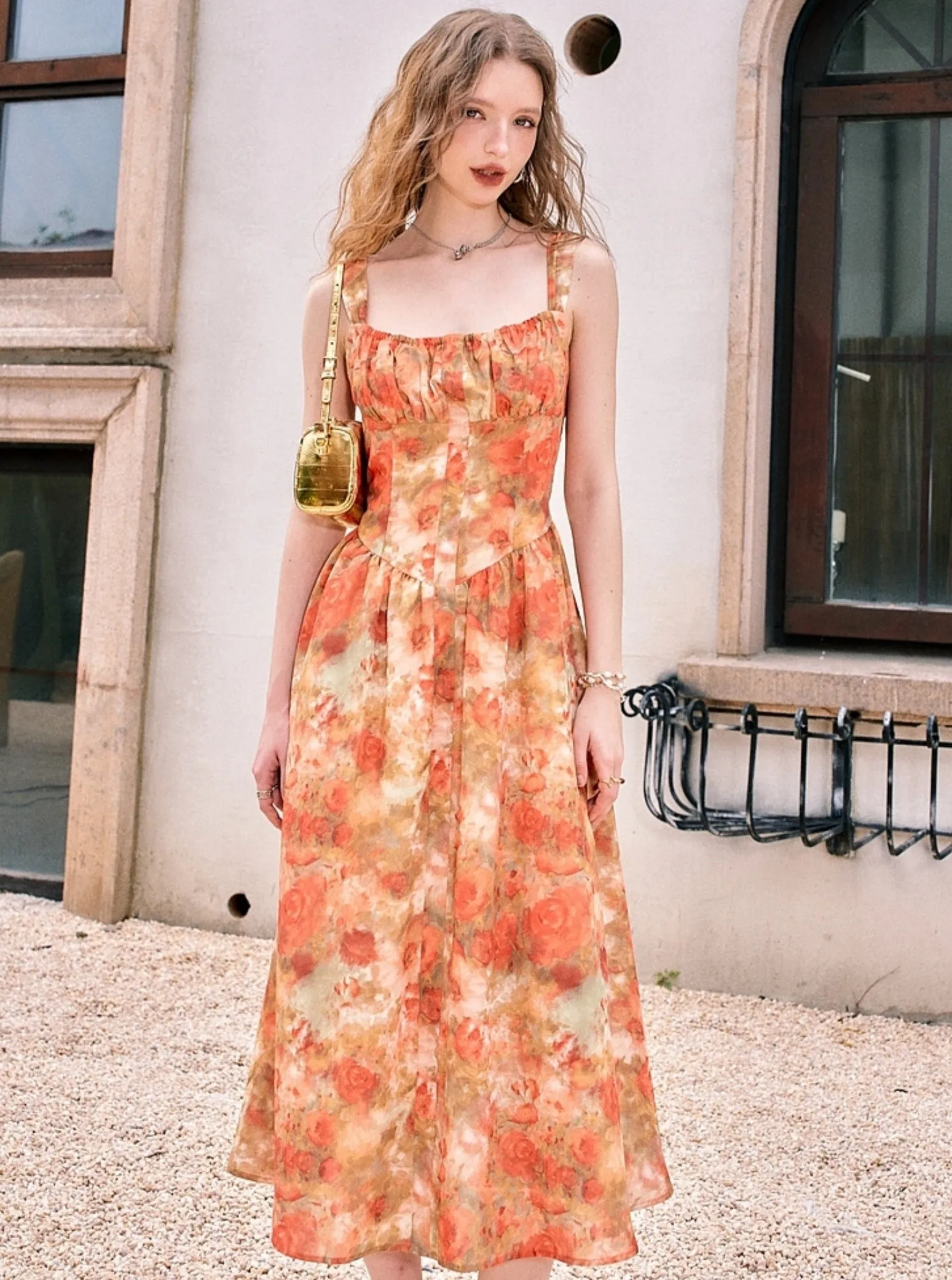 French Vintage Oil Painting Print Slip Dress