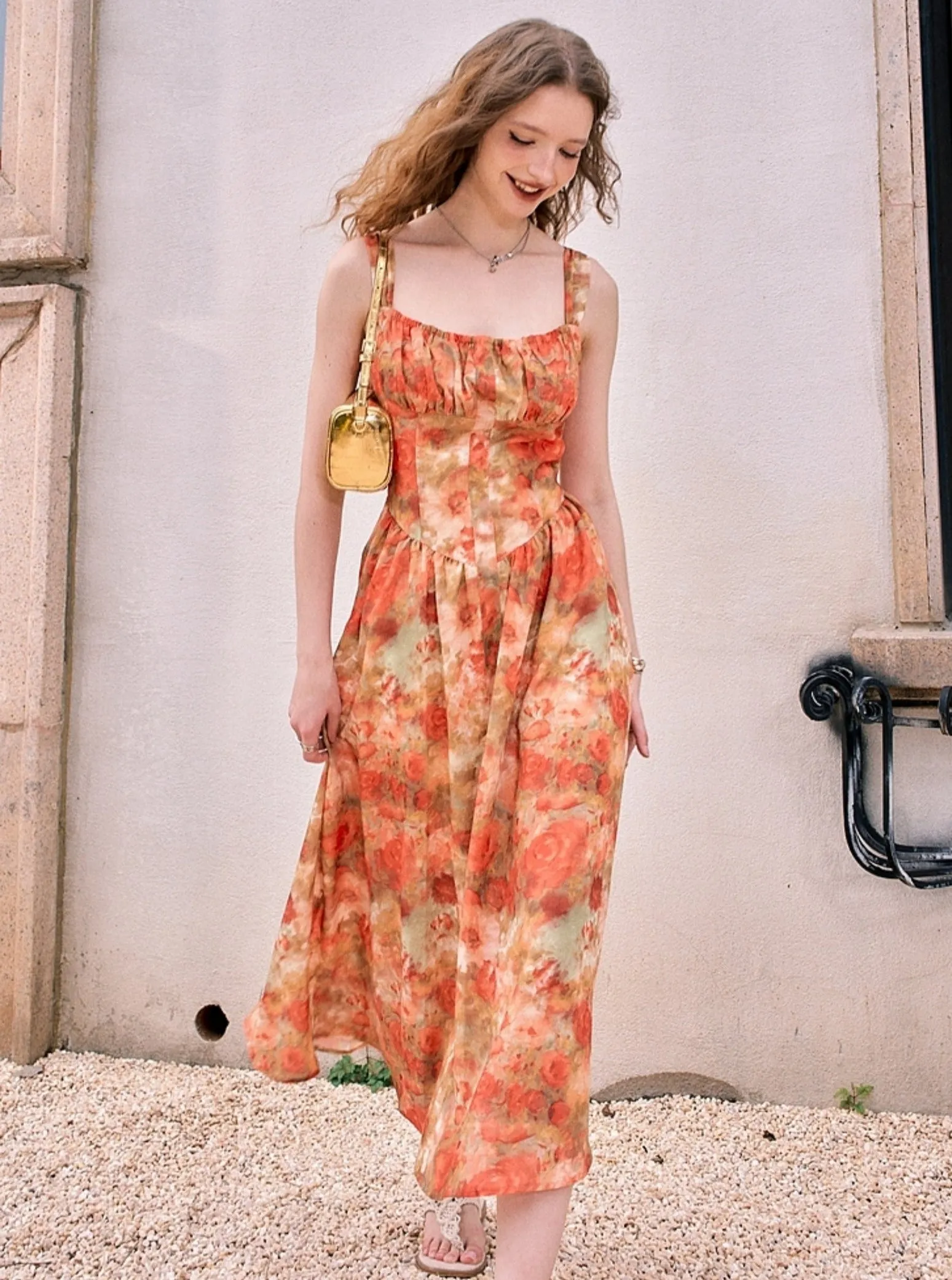 French Vintage Oil Painting Print Slip Dress