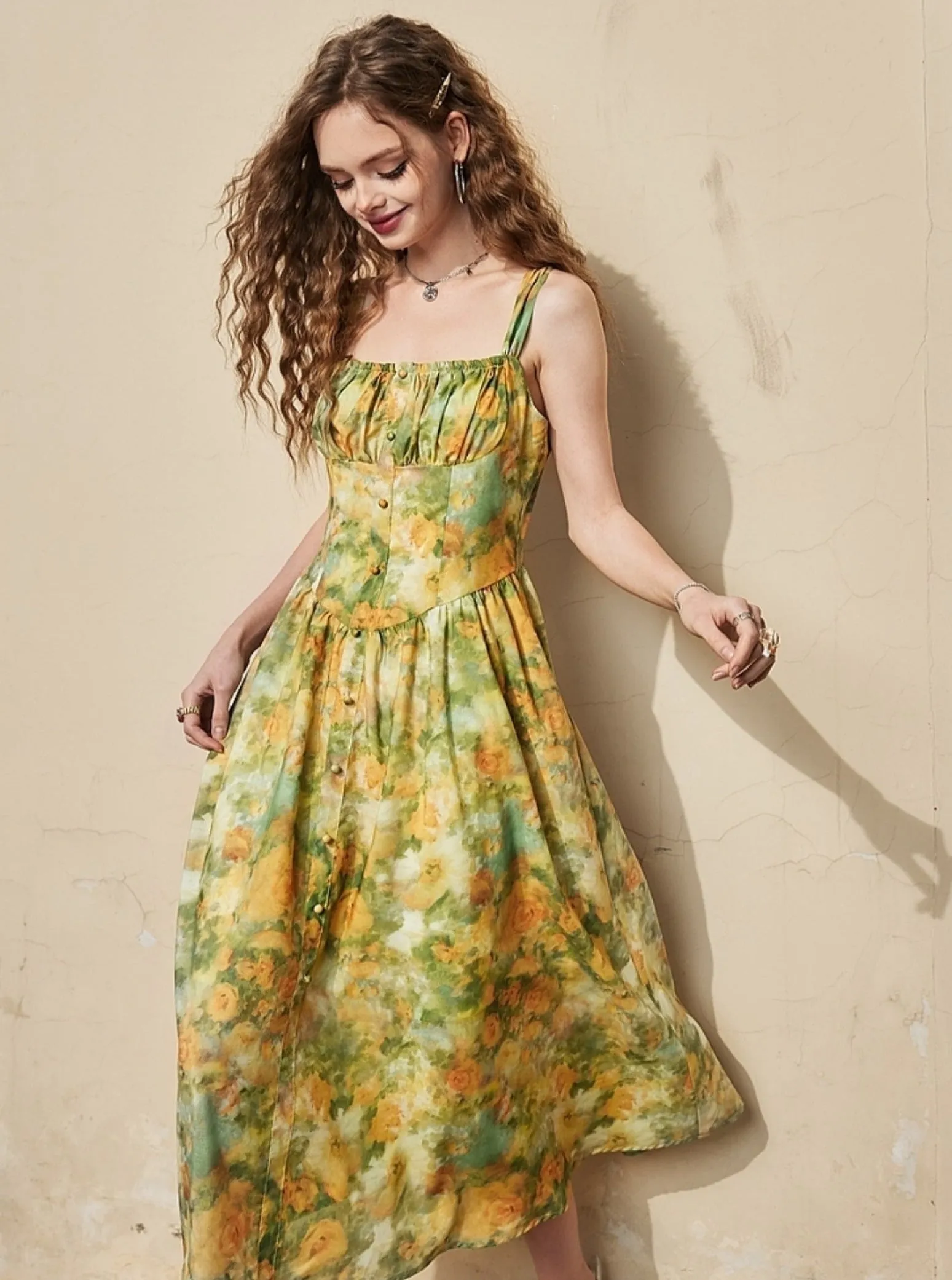 French Vintage Oil Painting Print Slip Dress