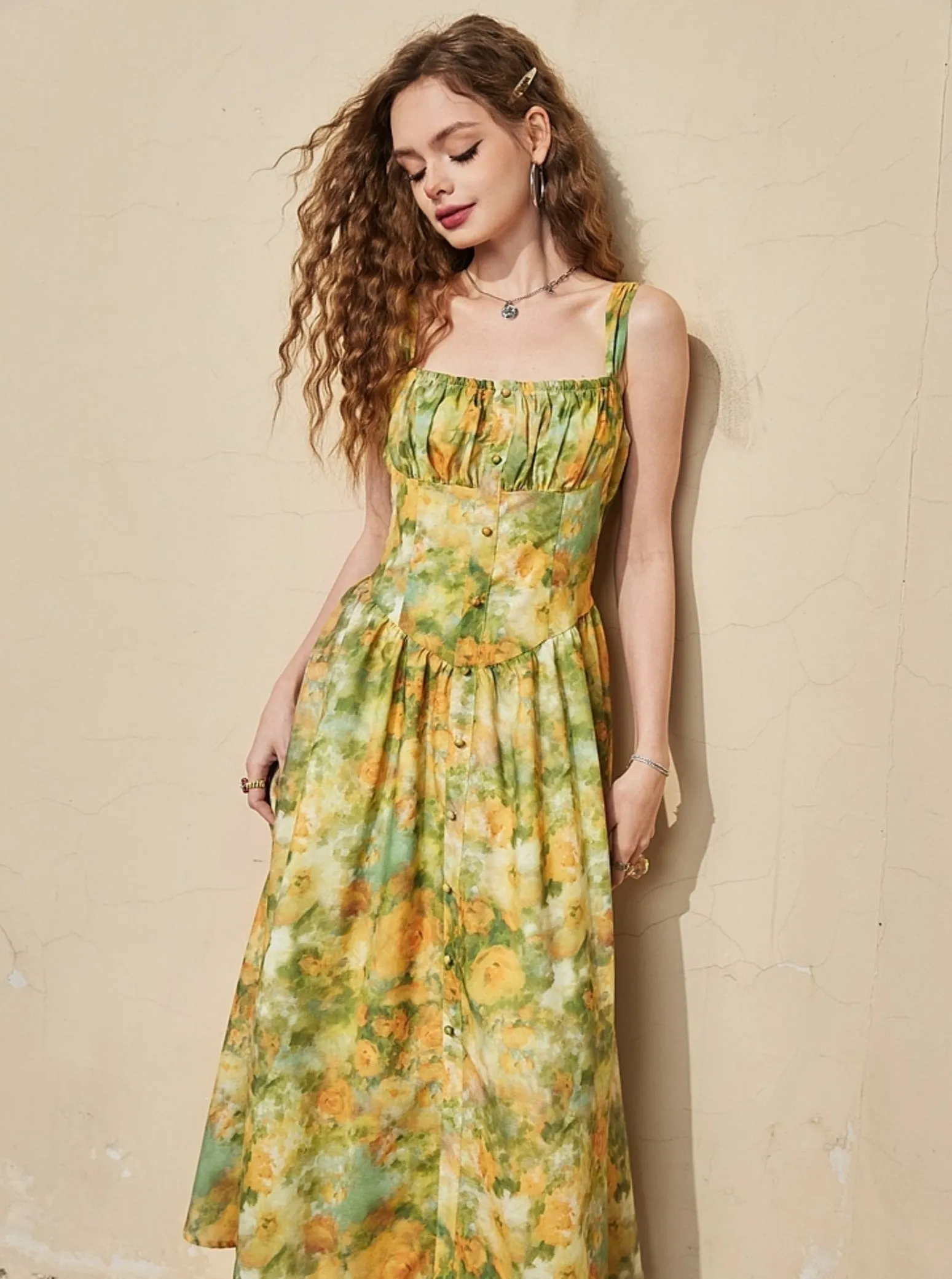 French Vintage Oil Painting Print Slip Dress