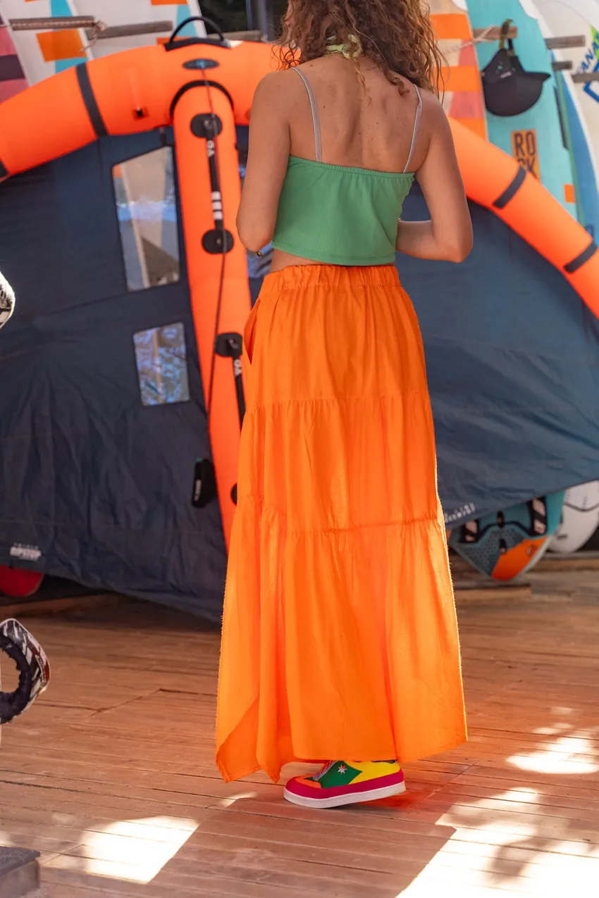 GNS Woman Orange Pocketed Elastic Waist Layered Voile Skirt BST700-3574 - Cwmbran