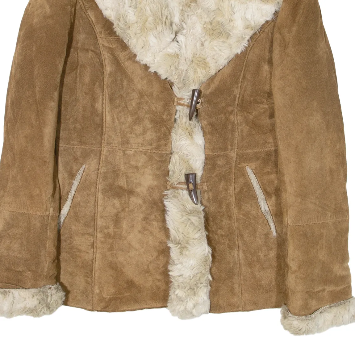 H&M Shearling Womens Overcoat Coat Brown Leather Suede S