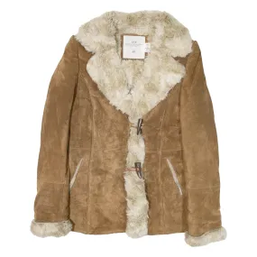 H&M Shearling Womens Overcoat Coat Brown Leather Suede S