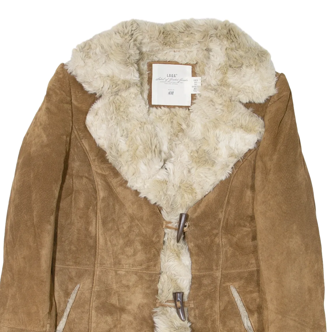 H&M Shearling Womens Overcoat Coat Brown Leather Suede S