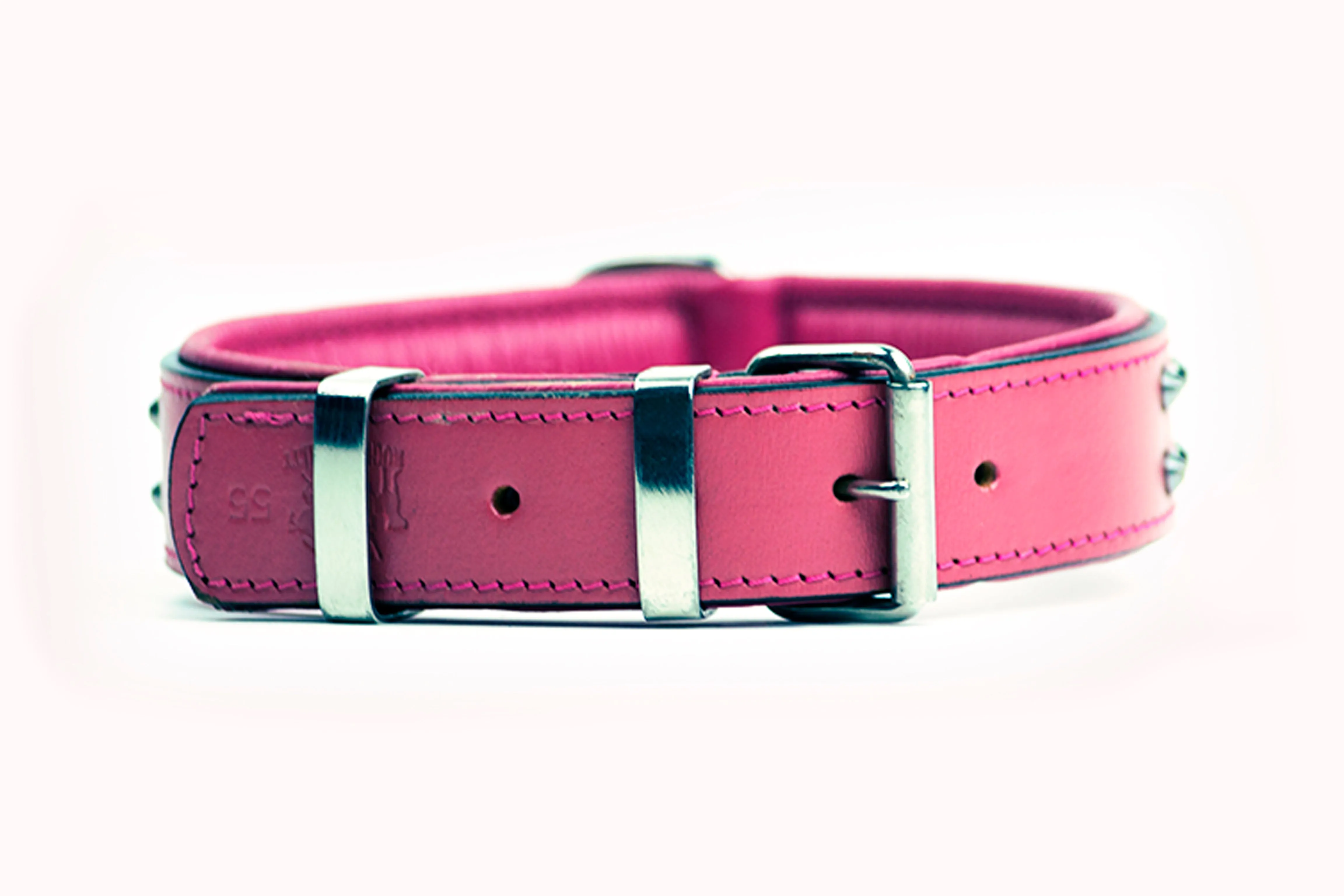 Hand Made Leather Dog Collar- RuffNeck Pink & Chrome (Regular Fit)