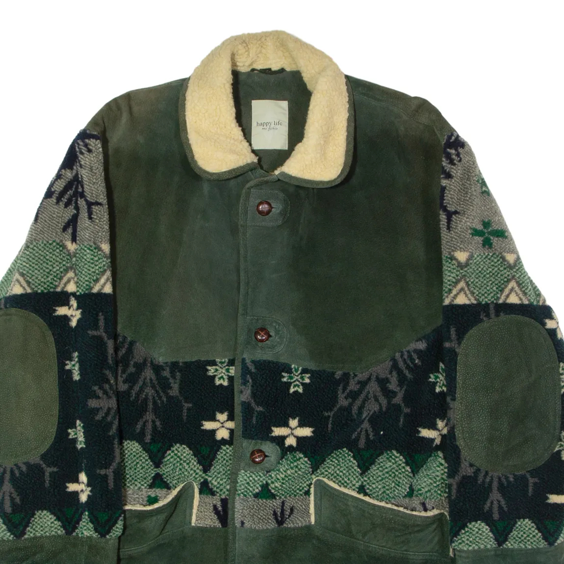 HAPPY LIFE Fleece Lined Mens Overcoat Coat Green Leather 90s Fair Isle L