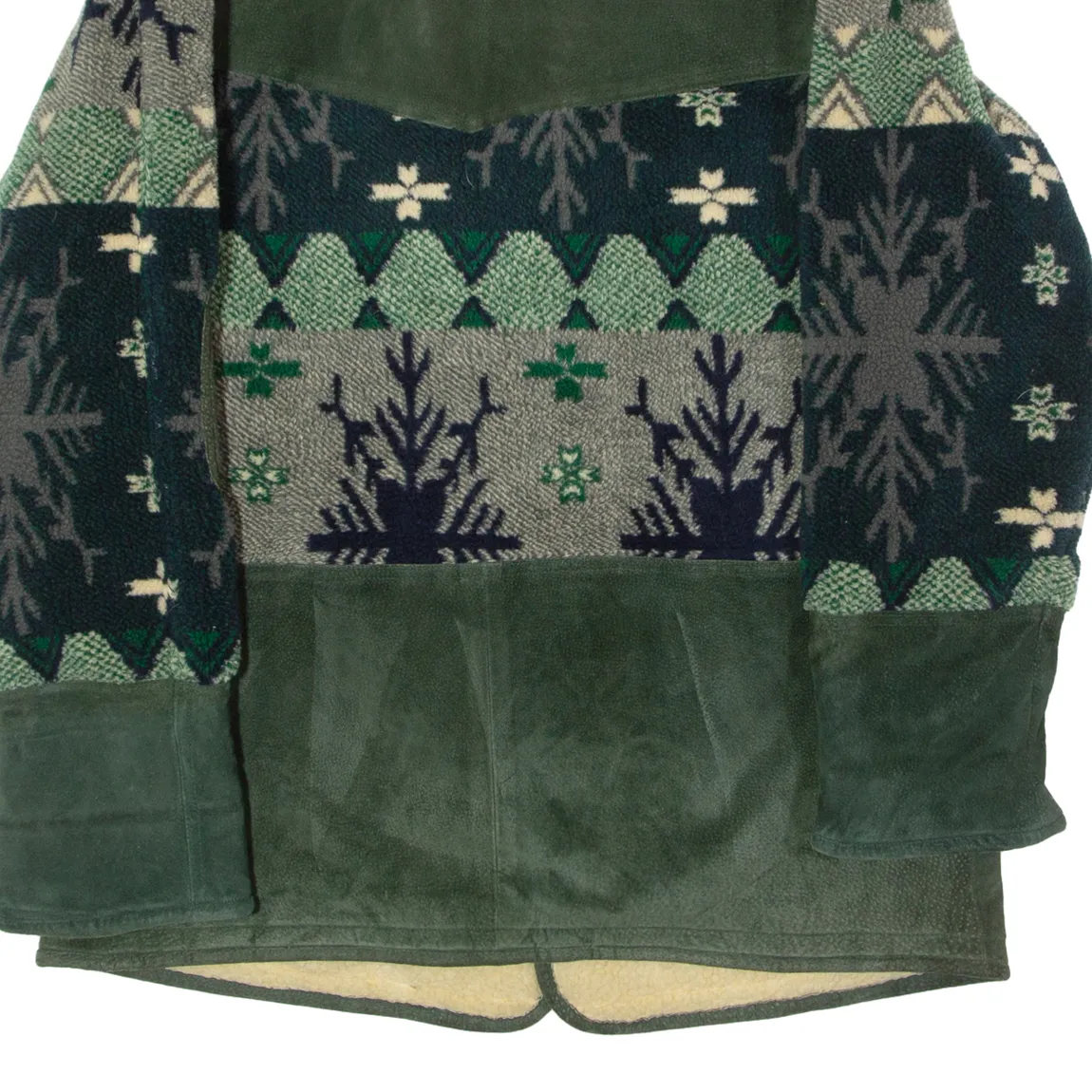 HAPPY LIFE Fleece Lined Mens Overcoat Coat Green Leather 90s Fair Isle L