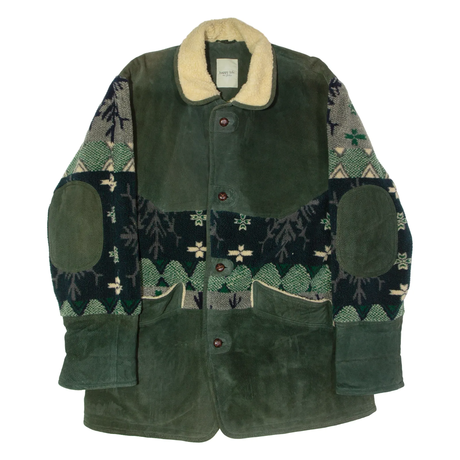 HAPPY LIFE Fleece Lined Mens Overcoat Coat Green Leather 90s Fair Isle L