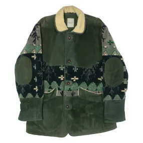 HAPPY LIFE Fleece Lined Mens Overcoat Coat Green Leather 90s Fair Isle L