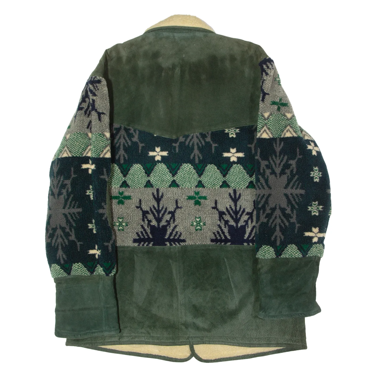 HAPPY LIFE Fleece Lined Mens Overcoat Coat Green Leather 90s Fair Isle L