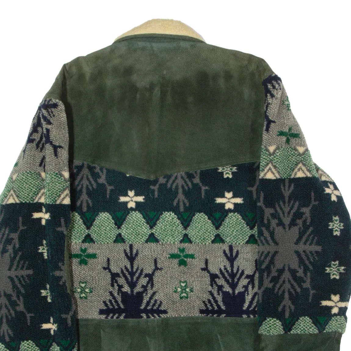 HAPPY LIFE Fleece Lined Mens Overcoat Coat Green Leather 90s Fair Isle L