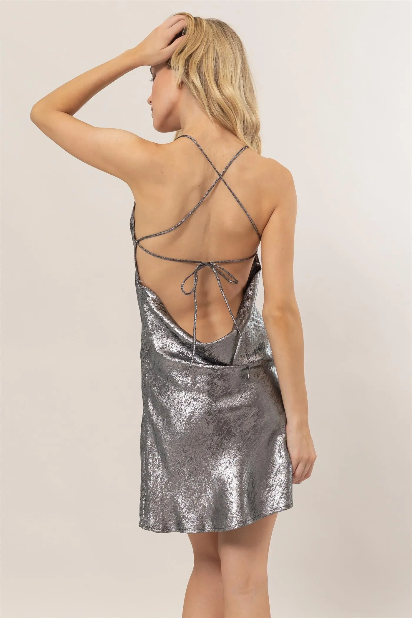 HF24G041-METALLIC CROSS-BACK SATIN SLIP MINI DRESS