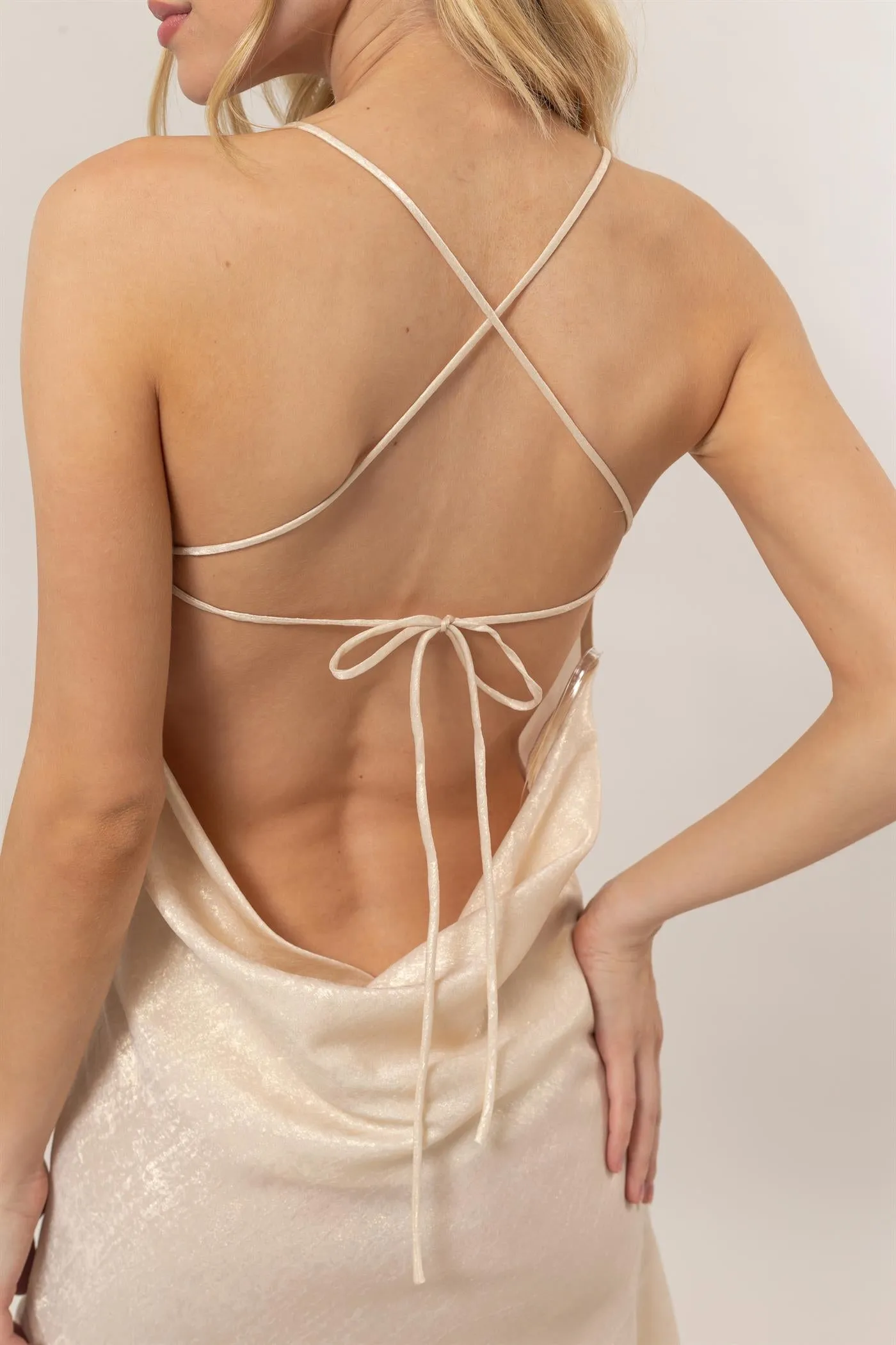 HF24G041-METALLIC CROSS-BACK SATIN SLIP MINI DRESS