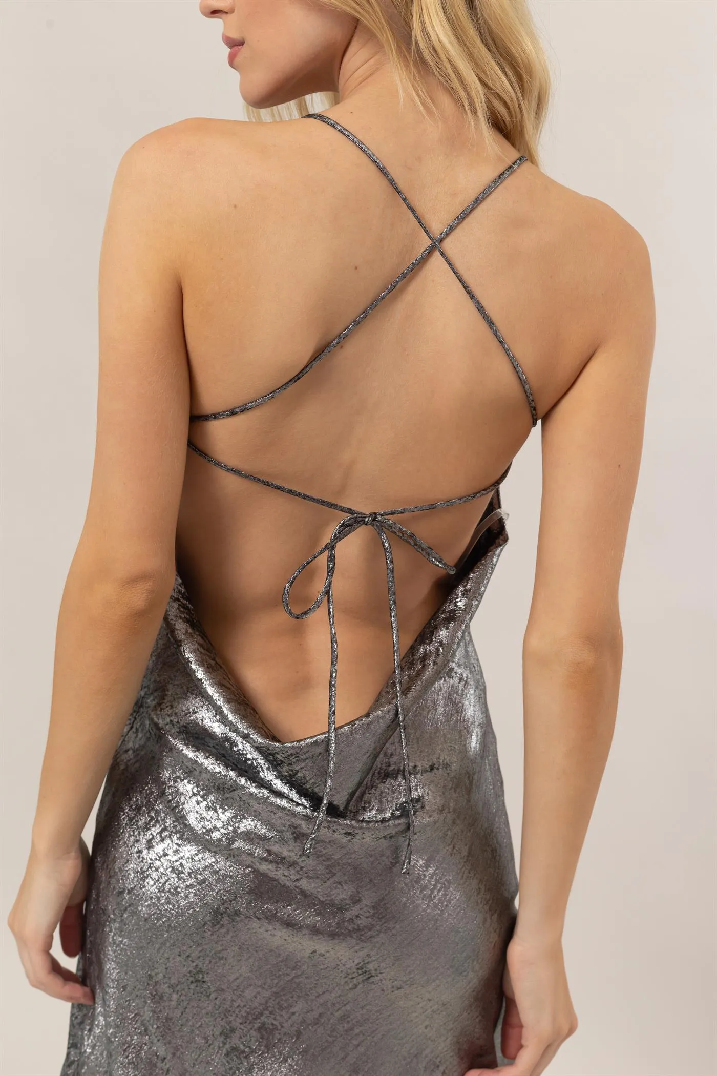 HF24G041-METALLIC CROSS-BACK SATIN SLIP MINI DRESS