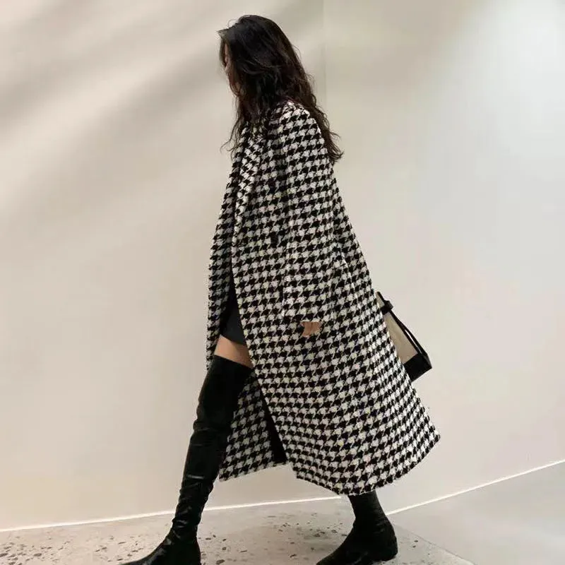 Hounds Tooth Faux Woollen Thick Long Overcoat