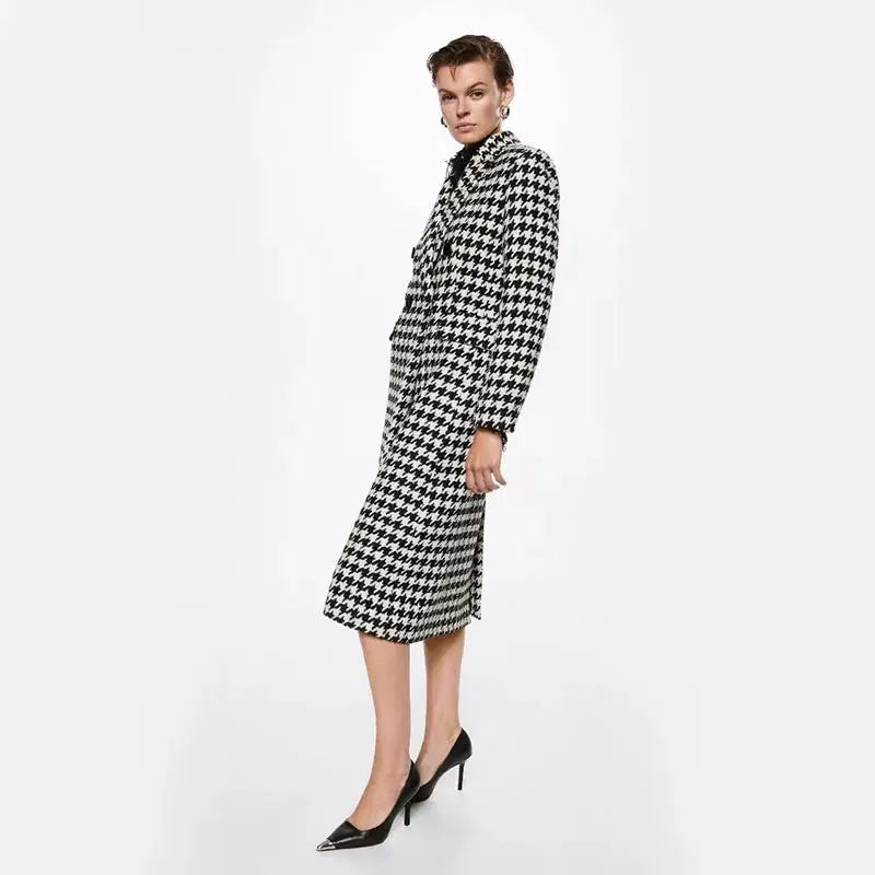 Hounds Tooth Faux Woollen Thick Long Overcoat