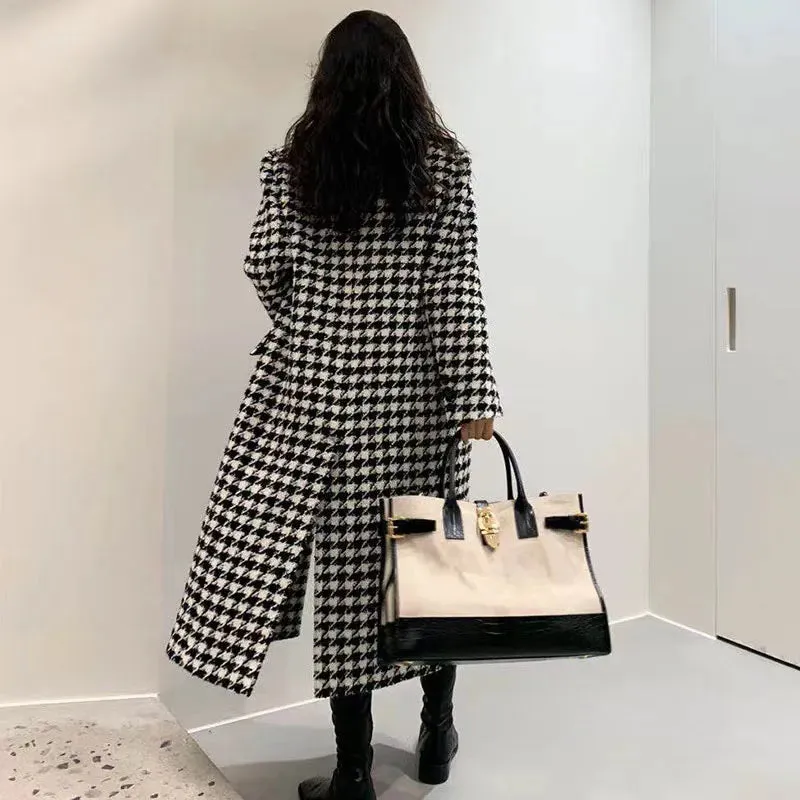 Hounds Tooth Faux Woollen Thick Long Overcoat