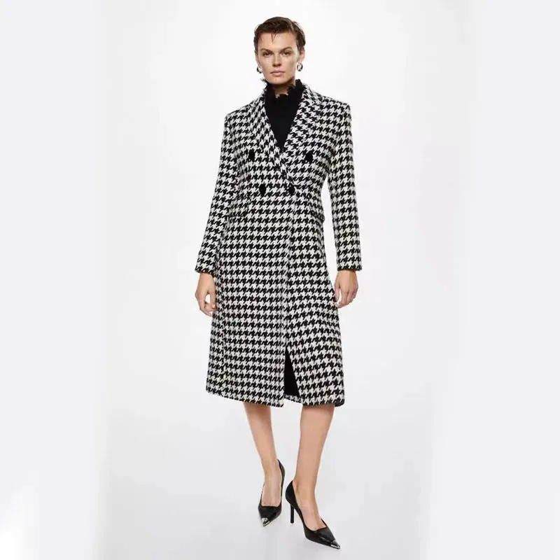 Hounds Tooth Faux Woollen Thick Long Overcoat