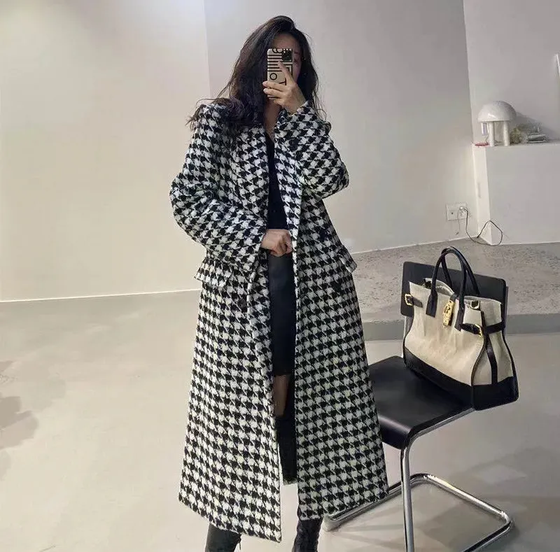 Hounds Tooth Faux Woollen Thick Long Overcoat