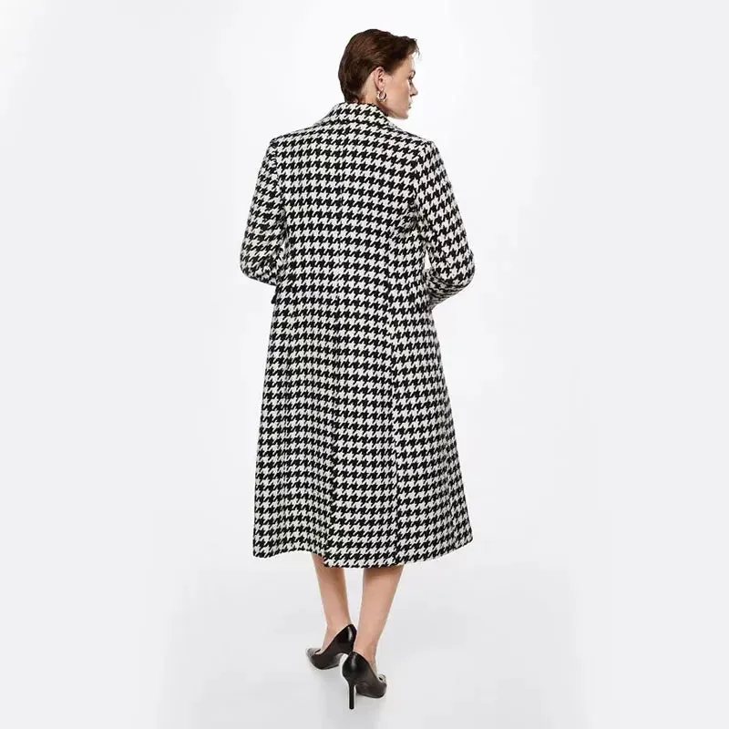 Hounds Tooth Faux Woollen Thick Long Overcoat