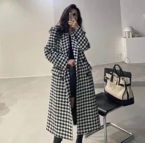 Hounds Tooth Faux Woollen Thick Long Overcoat