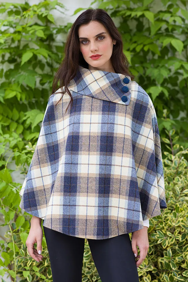 Irish Tweed Poncho - Denim & Cream Plaid