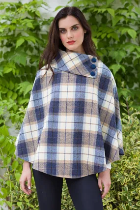 Irish Tweed Poncho - Denim & Cream Plaid