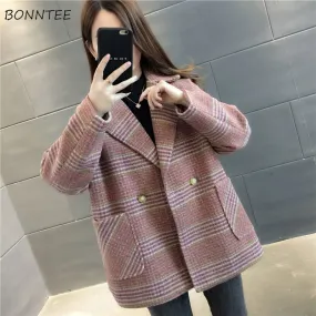 Joskaa Christmas Gift Women Wool Blends Plaid V-neck Single Button Fashion Korean Style Chic Loose Overcoat Female Casual Winter Thick Ulzzang New Fit