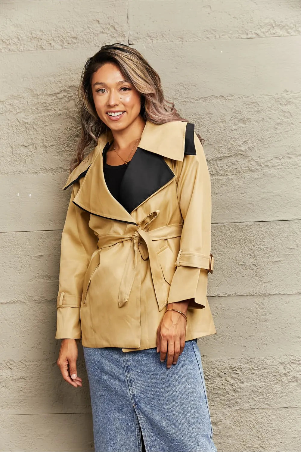 Khaki Tie Waist Lapel Collar Trench Coat
