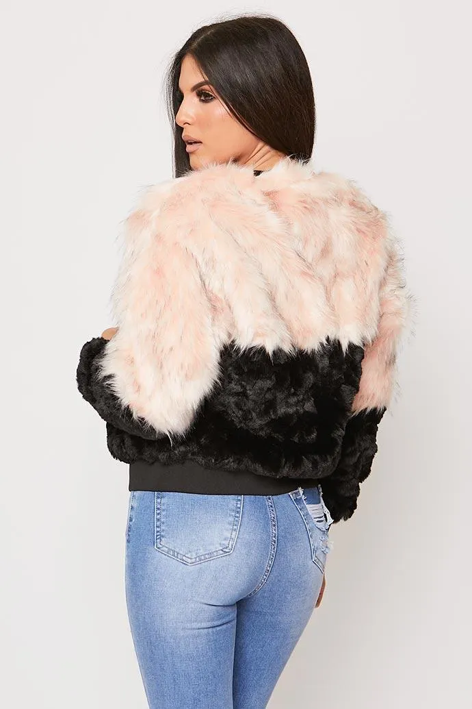 Laynie - Rose & Black Faux Fur With Fleece Zip Up Jacket