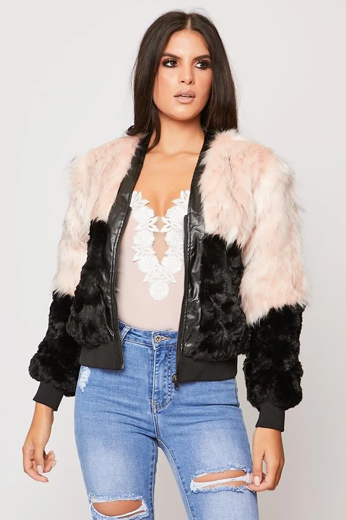 Laynie - Rose & Black Faux Fur With Fleece Zip Up Jacket