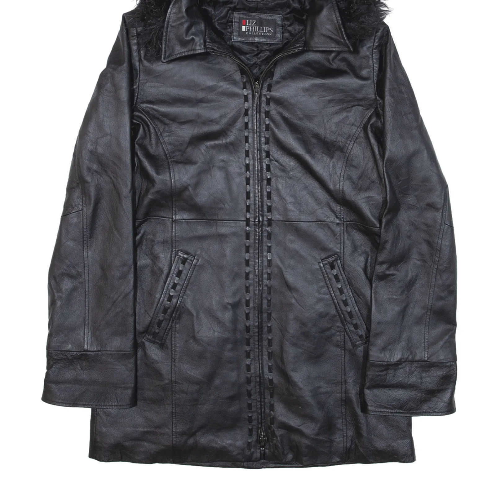 LIZ PHILLIPS Quilted Lined Overcoat Leather Coat Black Womens S