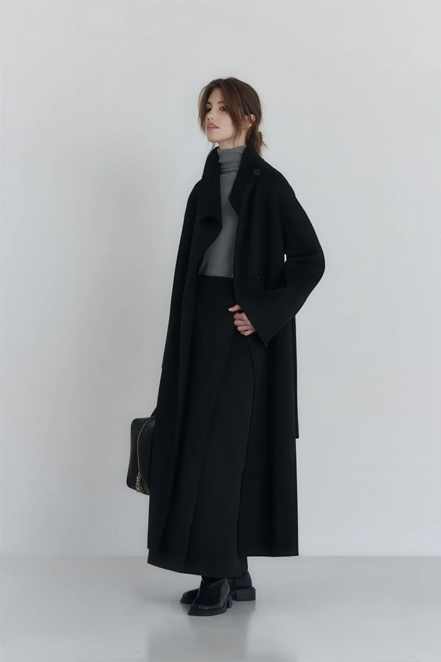 Long Wool Coat - High-Neck Luxe Winter Overcoat 100% Wool