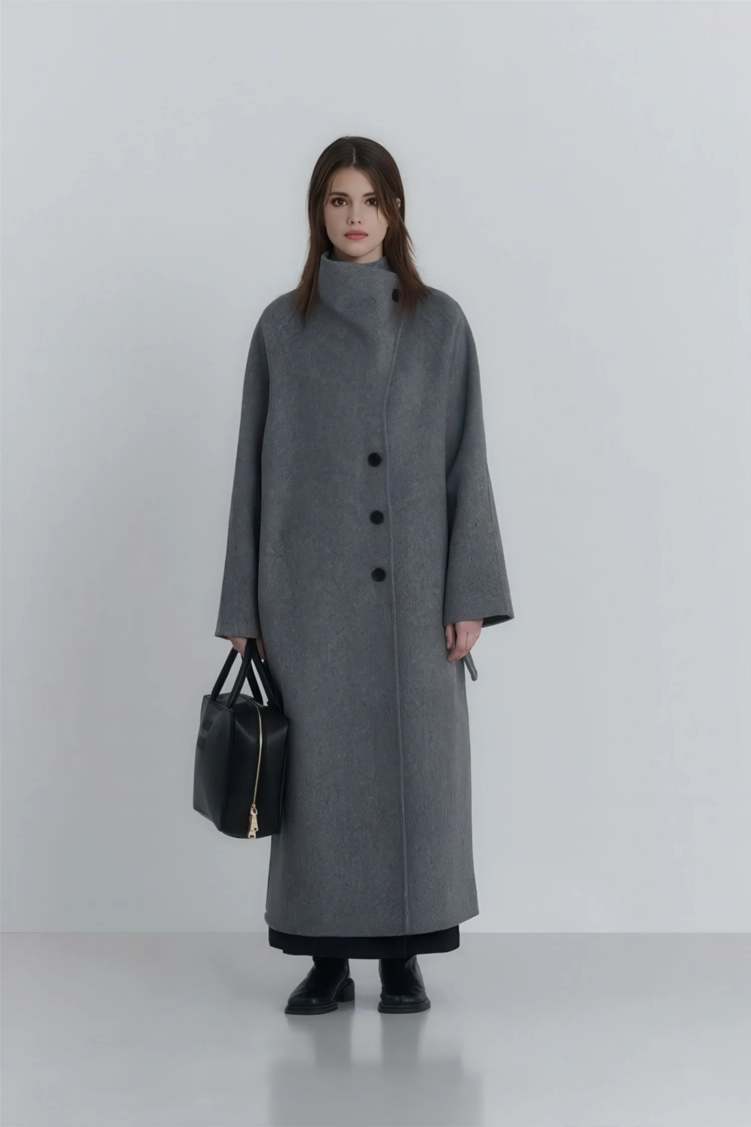 Long Wool Coat - High-Neck Luxe Winter Overcoat 100% Wool