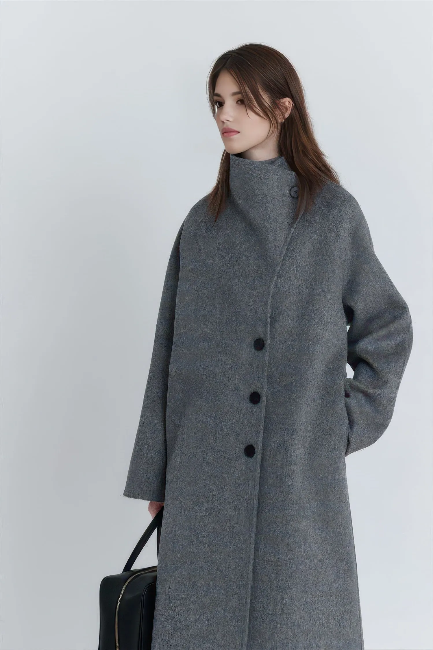 Long Wool Coat - High-Neck Luxe Winter Overcoat 100% Wool
