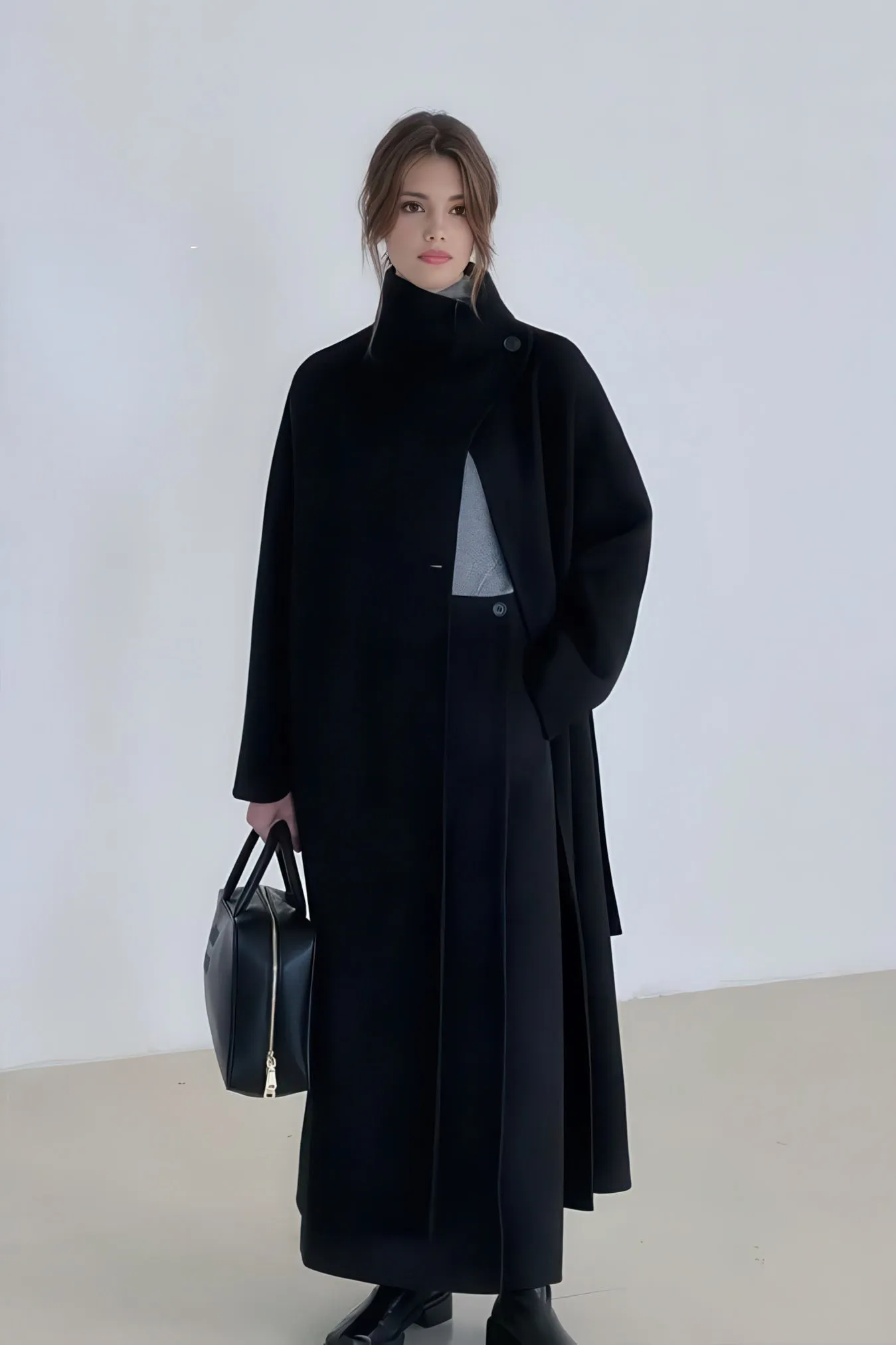 Long Wool Coat - High-Neck Luxe Winter Overcoat 100% Wool