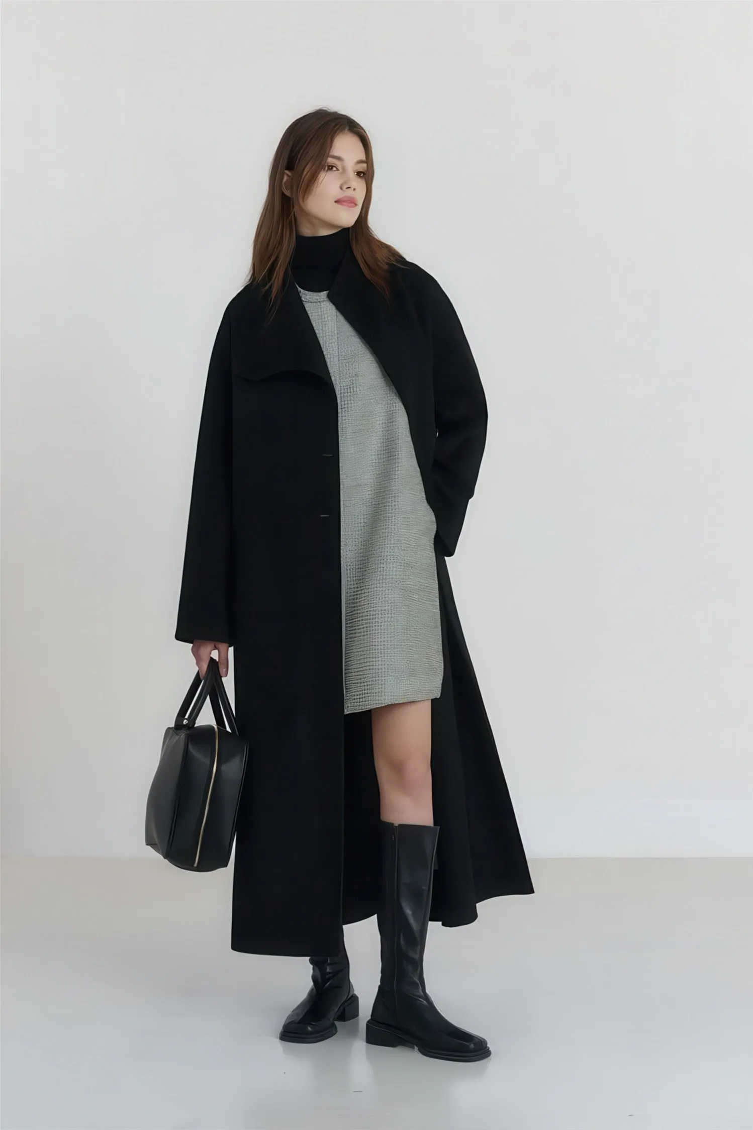 Long Wool Coat - High-Neck Luxe Winter Overcoat 100% Wool