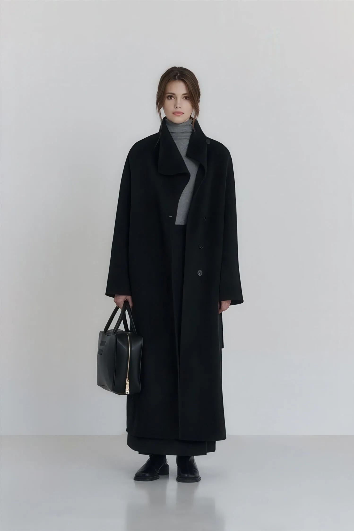Long Wool Coat - High-Neck Luxe Winter Overcoat 100% Wool