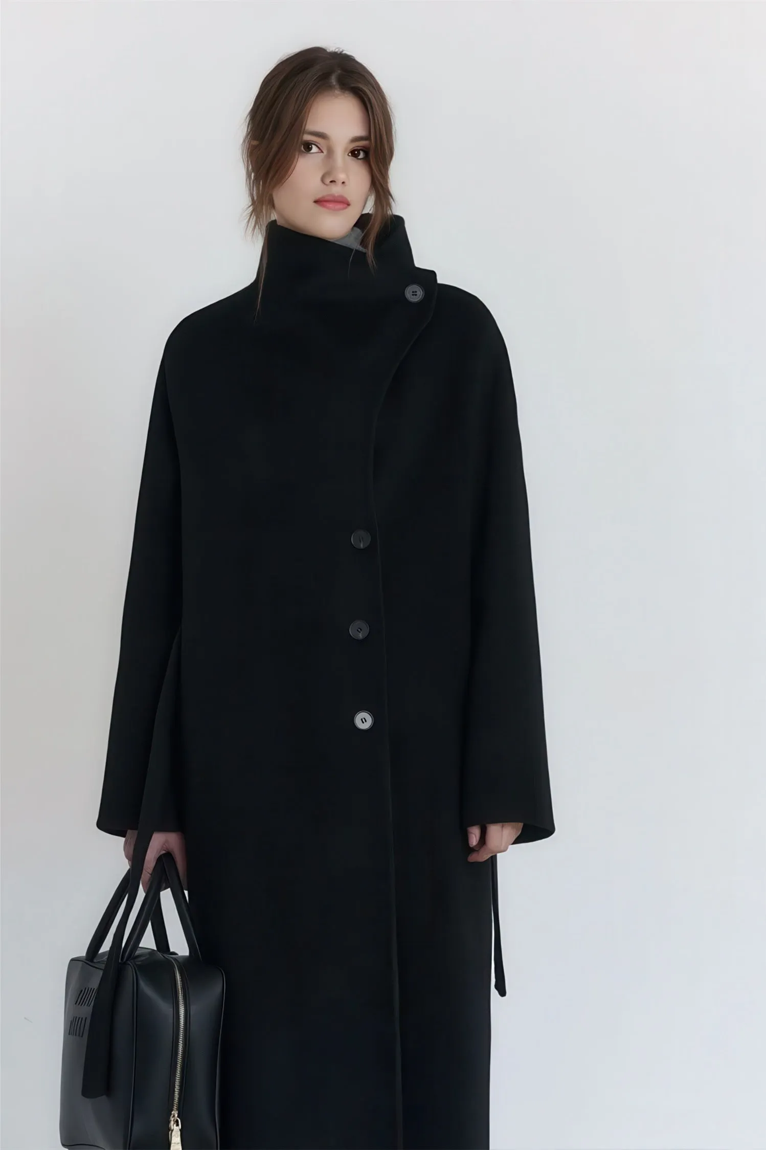 Long Wool Coat - High-Neck Luxe Winter Overcoat 100% Wool